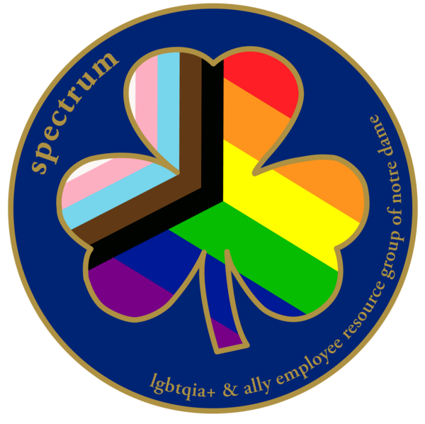 The logo for Spectrum, the LGBTQIA+ & Ally employee resource group of Notre Dame. A shamrock, outlined in gold against a navy blue background, features the Progress Pride flag colors. The words "Spectrum" and "resource group of Notre Dame" are written in gold, curved along the top and right sides of the circle. "LGBTQIA+ & Ally employee" is written in gold, curved along the bottom of the circle.